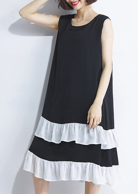 Französisches Patchwork, ärmellos, Baumwolle, lässig, Laufsteg, schwarz, Plus-Size-Kleid, Sommer