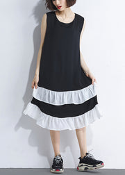 Französisches Patchwork, ärmellos, Baumwolle, lässig, Laufsteg, schwarz, Plus-Size-Kleid, Sommer