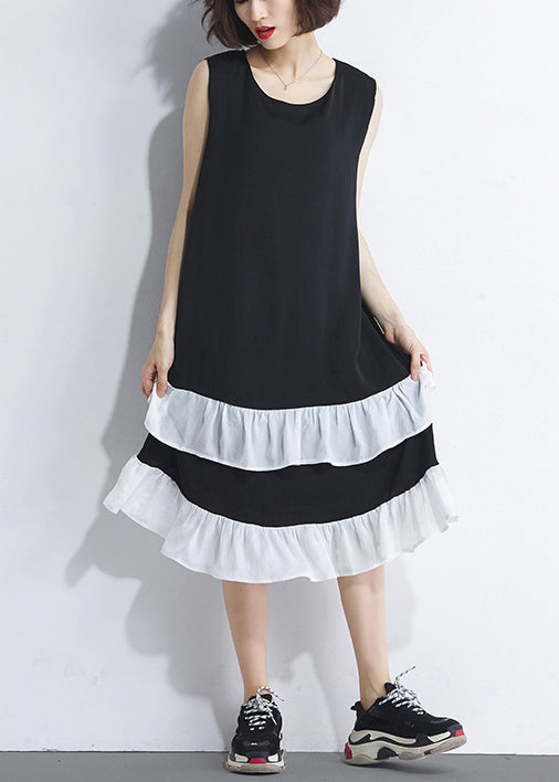 Französisches Patchwork, ärmellos, Baumwolle, lässig, Laufsteg, schwarz, Plus-Size-Kleid, Sommer