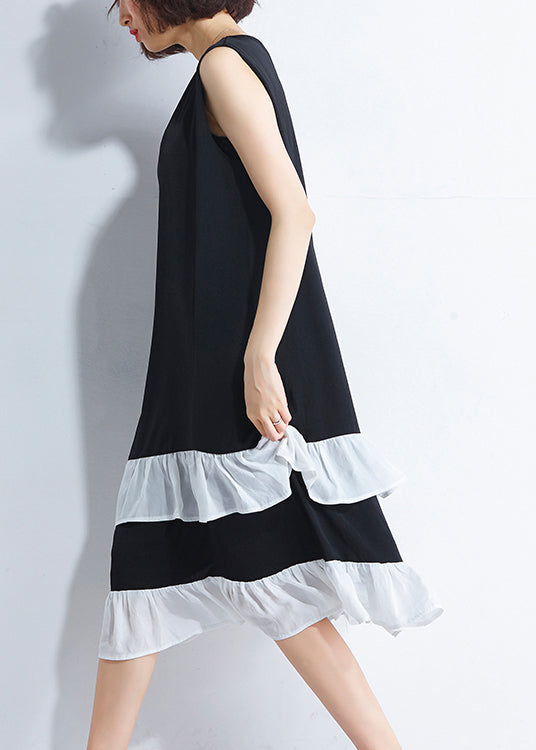 Französisches Patchwork, ärmellos, Baumwolle, lässig, Laufsteg, schwarz, Plus-Size-Kleid, Sommer