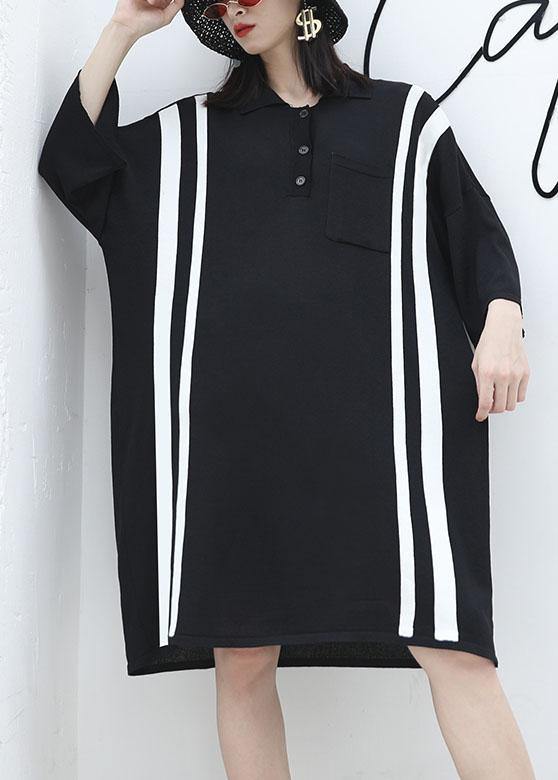 French patchwork big pockets Cotton clothes For Women Neckline black Dress summer - SooLinen