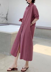 French purple cotton dresses lapel collar Maxi summer Dresses - SooLinen