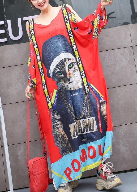 French red off the shoulder Cotton clothes side open  oversized summer Dresses - SooLinen