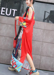 French red off the shoulder Cotton clothes side open  oversized summer Dresses - SooLinen