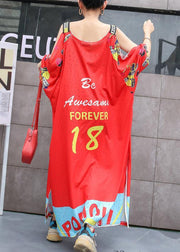 French red off the shoulder Cotton clothes side open  oversized summer Dresses - SooLinen