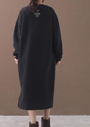 French side open cotton alphabet prints clothes Women Catwalk black winter cotton Dresses - SooLinen