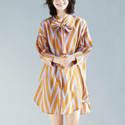 French side open cotton top silhouette Organic Photography yellow striped Knee blouse long sleeve