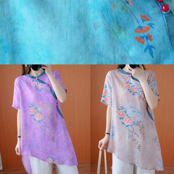 French stand collar asymmetric tops women Work Outfits purple print tops - SooLinen