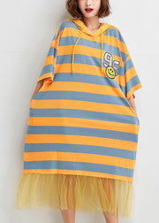 French striped Cotton outfit patchwork tulle baggy summer Dress - SooLinen