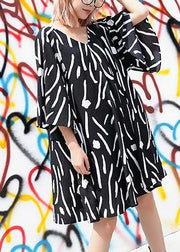 French v neck Cotton Tunics pattern black striped Dresses summer - SooLinen