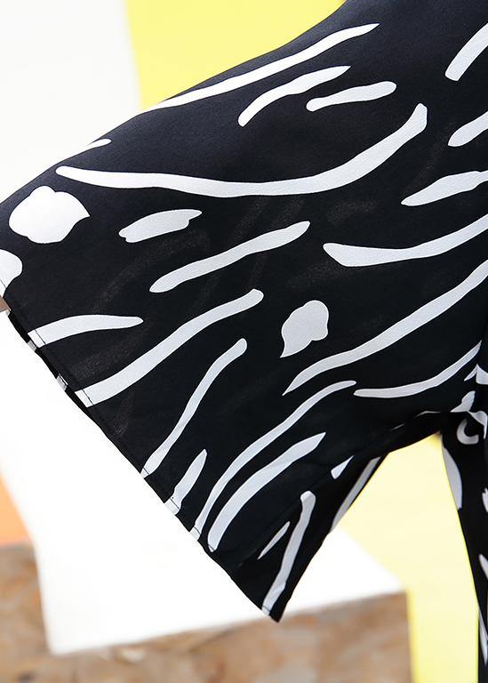 French v neck Cotton Tunics pattern black striped Dresses summer - SooLinen