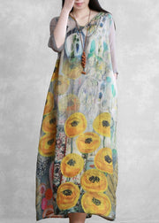 French v neck tie waist  clothes Photography yellow print Dress - SooLinen