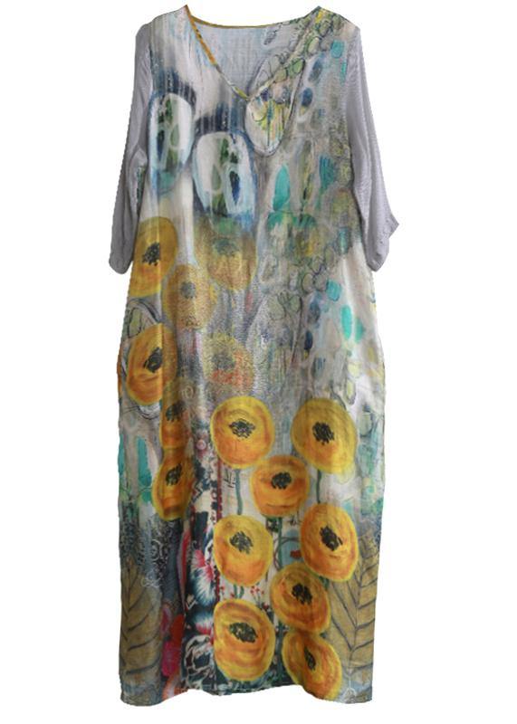 French v neck tie waist  clothes Photography yellow print Dress - SooLinen