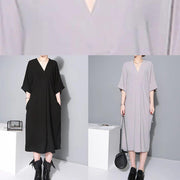 French v neck tie waist cotton clothes For Women Neckline black Robe Dresses - SooLinen