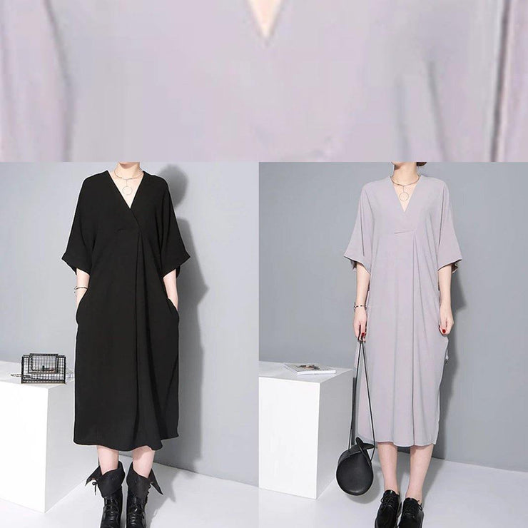 French v neck tie waist cotton clothes For Women Neckline black Robe Dresses - SooLinen