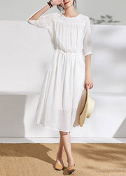 French white linen clothes For Women o neck half sleeve Midi summer Dress - SooLinen