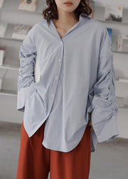 French Cinched cotton fall top silhouette Sewing blue shirt - SooLinen