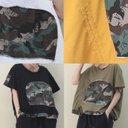 French yellow cotton Blouse o neck patchwork Knee top - SooLinen