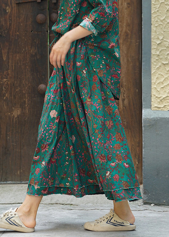 Green Print Cotton A Line Skirts double-deck Spring