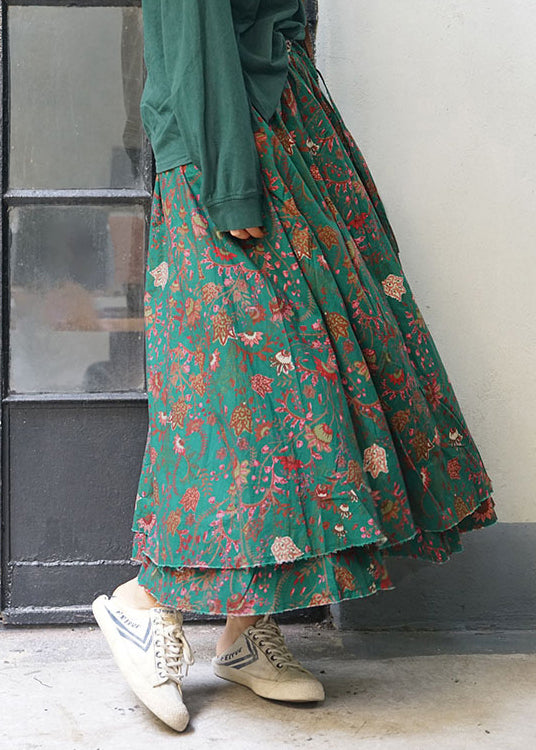 Green Print Cotton A Line Skirts double-deck Spring