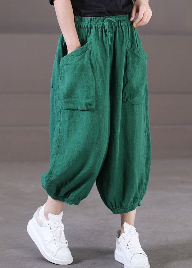Green Solid Color Linen Crop Pants Wrinkled Big Pockets Summer