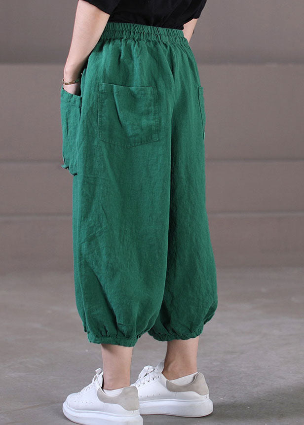Green Solid Color Linen Crop Pants Wrinkled Big Pockets Summer