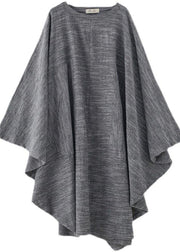 Grey O-Neck Bat Sleeve Large Spring Summer Cotton Dress - SooLinen