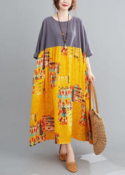 Grey Patchwork Yellow Print O-Neck Pockets Summer Party Dresses - SooLinen