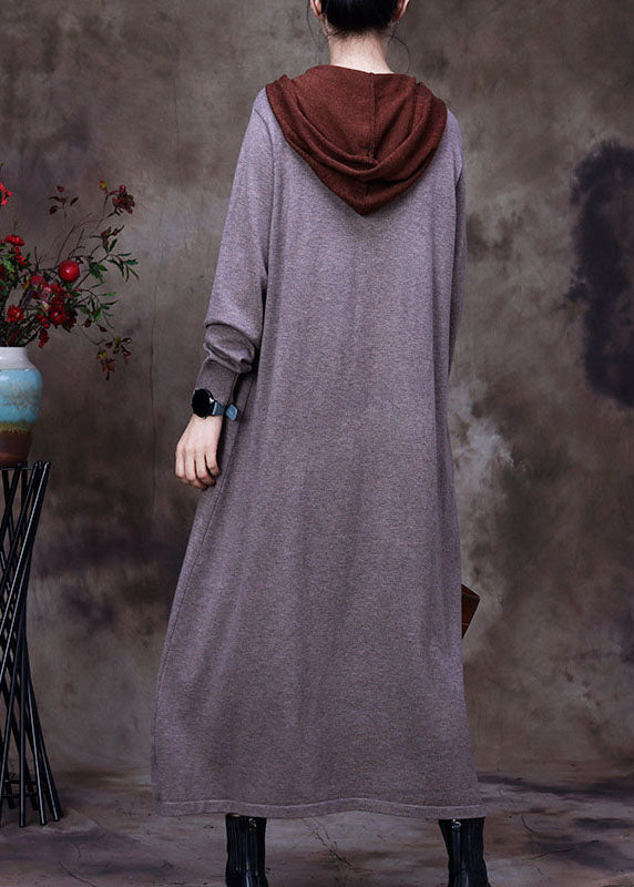 Graue Taschen Woolen Sweatshirts Kleid mit Kapuze Winter