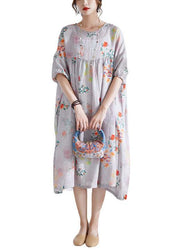 Grey lantern Sleeve Patchwork Print Summer Ramie Party Dress Half Sleeve - SooLinen