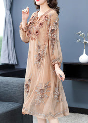 Handmade Apricot V Neck Embroideried Floral Silk Maxi Dress Long Sleeve