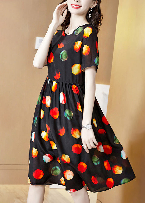 Handmade Black O-Neck Multi Dot Print Silk Pleated Dress Short Sleeve