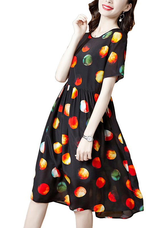 Handmade Black O-Neck Multi Dot Print Silk Pleated Dress Short Sleeve