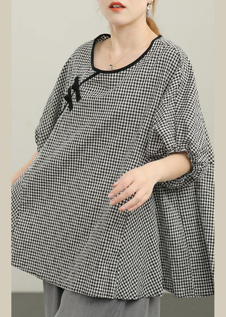 Handmade Black Plaid Button Cotton Shirt Top Summer - SooLinen