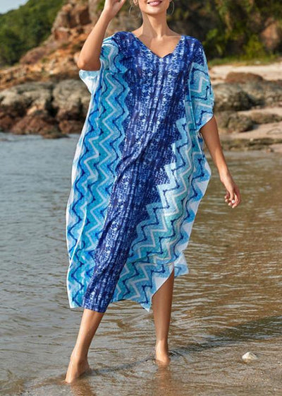 Handmade Blue Print V Neck Beach Gown Summer Maxi Dresses - SooLinen