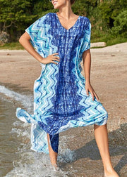 Handmade Blue Print V Neck Beach Gown Summer Maxi Dresses - SooLinen