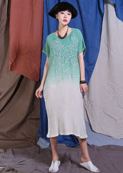 Handmade Green Embroideried Gradient color Dresses Short Sleeve