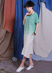 Handmade Green Embroideried Gradient color Dresses Short Sleeve