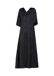 Handmade Green V Neck Jacquard 2025 Silk Long Dress Half Sleeve