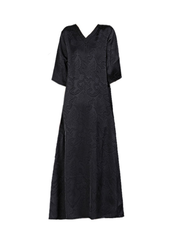 Handmade Green V Neck Jacquard 2025 Silk Long Dress Half Sleeve