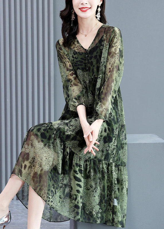 Handgefertigte grüne V-Ausschnitt Patchwork faltige Leopard Chiffon lange Kleider mit langen Ärmeln