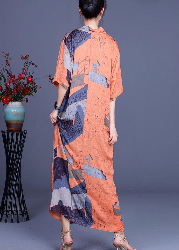 Handmade Orange Print asymmetrical design Loose Long Summer Dress - SooLinen