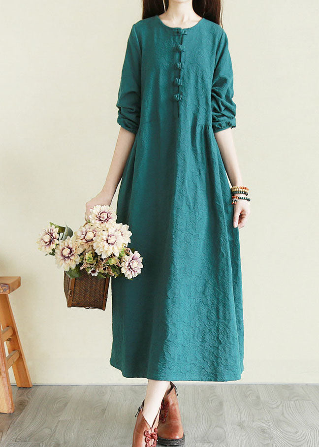 Handgefertigte Pfauengrüne O-Neck-Knöpfe mit Cinched Long Dresses Long Sleeve