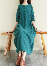 Handgefertigte Pfauengrüne O-Neck-Knöpfe mit Cinched Long Dresses Long Sleeve