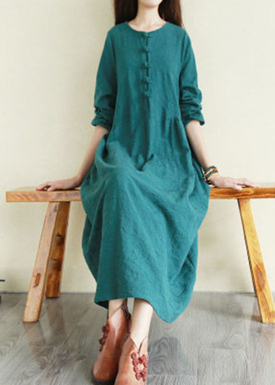 Handgefertigte Pfauengrüne O-Neck-Knöpfe mit Cinched Long Dresses Long Sleeve