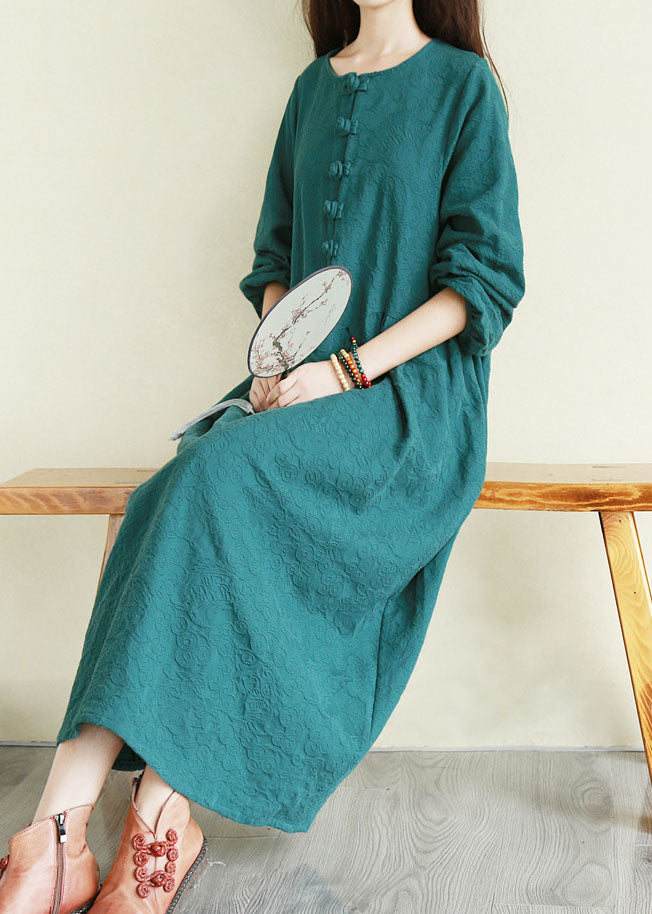 Handgefertigte Pfauengrüne O-Neck-Knöpfe mit Cinched Long Dresses Long Sleeve