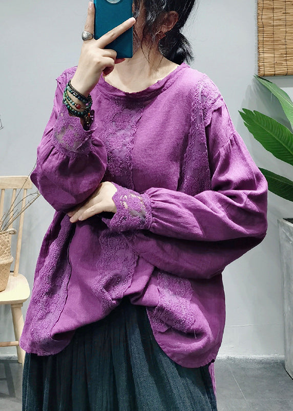 Handgefertigtes lila O-Neck Rückenschnalle Spitzen-Patchwork-Leinen-Oberteil Langarm