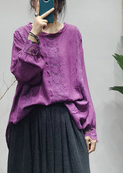 Handgefertigtes lila O-Neck Rückenschnalle Spitzen-Patchwork-Leinen-Oberteil Langarm