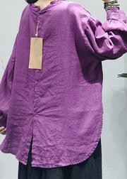 Handgefertigtes lila O-Neck Rückenschnalle Spitzen-Patchwork-Leinen-Oberteil Langarm