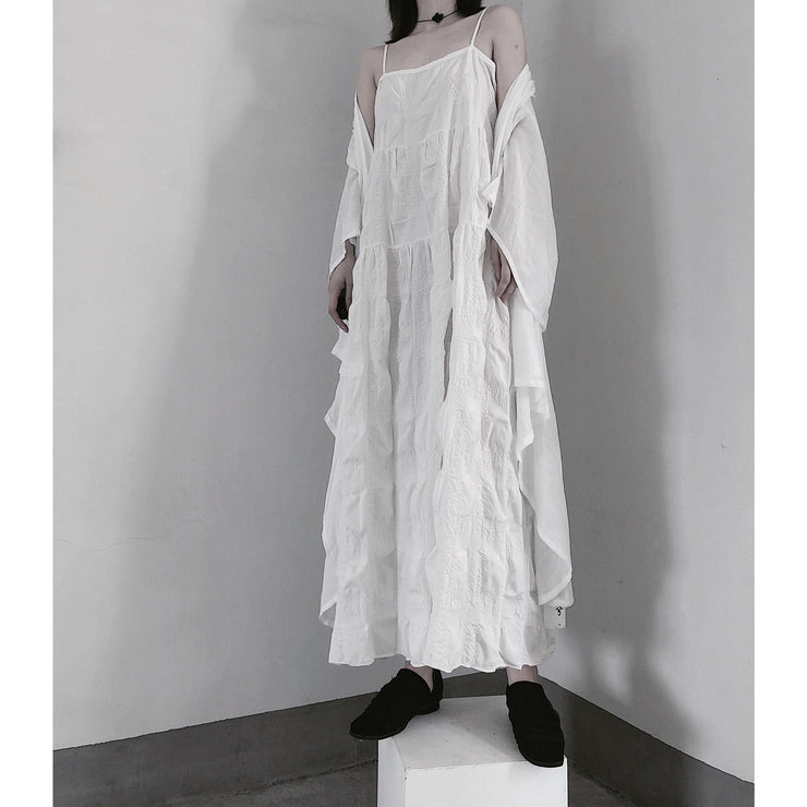 Handmade Spaghetti Strap Wrinkled Dresses Fabrics White Art Dress - SooLinen